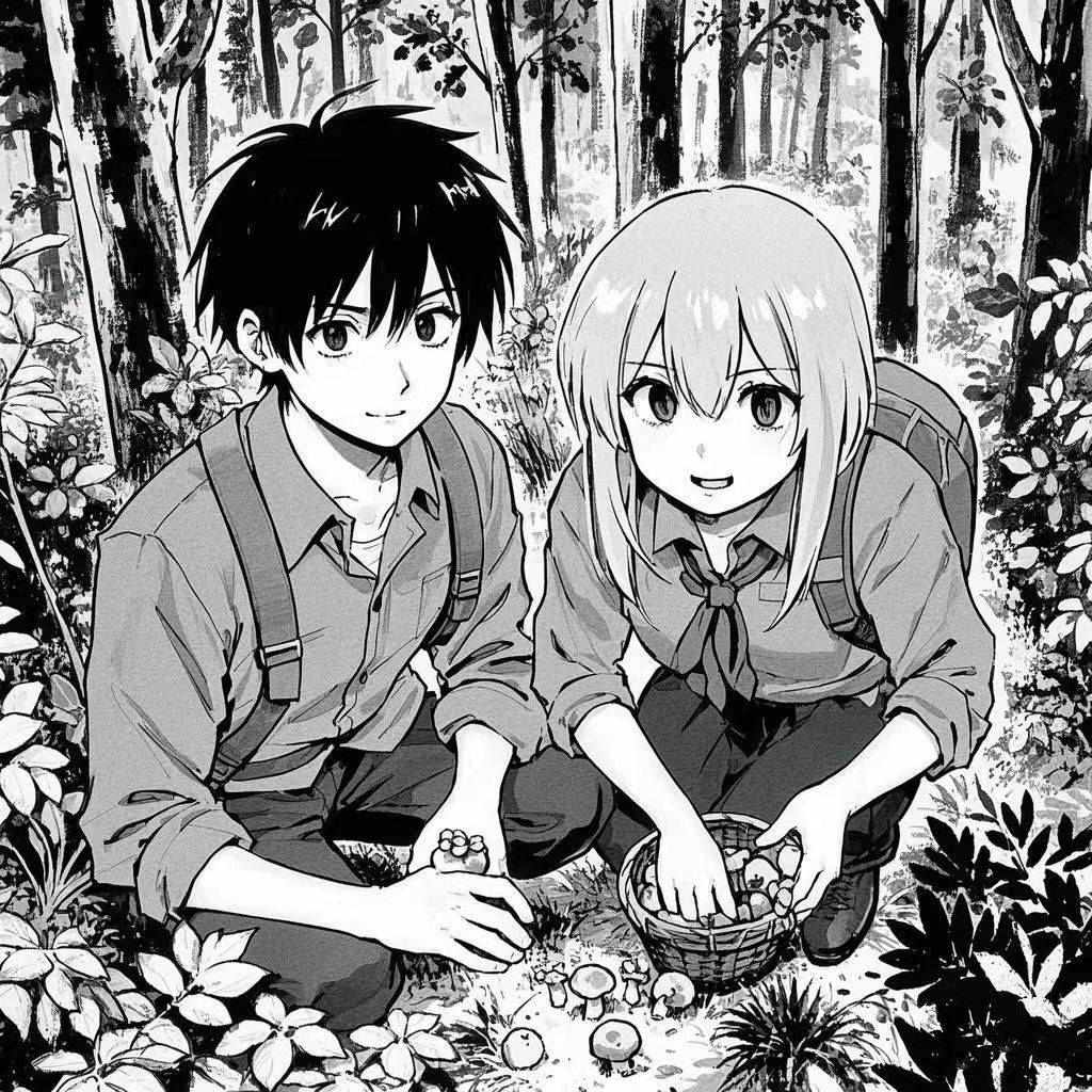 森の中で食べ物を採集する